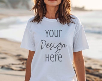 Older Female Bella Canvas 3001 Mock-up, Senior Model T-shirt Mockup, Grandma Shirt Mockup, Bella Canvas 3001 White Shirt Grandma Mockup Png