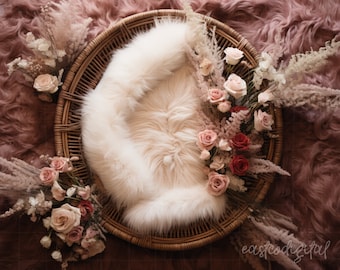 Newborn Photography Digital Backdrop, Blush Boho Flowers Basket Newborn Digital Photoshop Background, Newborn Photo Insert Pink Girl Basket