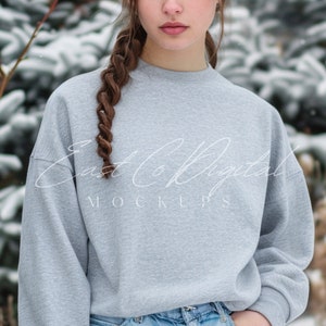 Sport Grey Mockup Gildan 18000 Sport Grey Crewneck Winter Sweatshirt Mock Gildan Model Mockup Gildan Sport Grey Christmas Sweatshirt Mockup