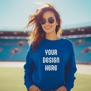 Royal Blue Gildan 18000 Mockup, Gildan Sweatshirt Mockup, Crewneck Sweatshirt Mockup Royal Blue, Football, Gildan Mockup Football Field