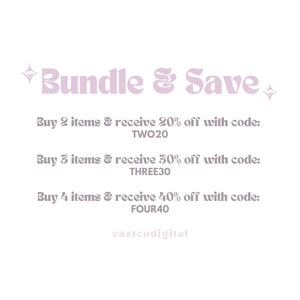 K&ouml;nnte beinhalten: Eine rosa und wei&szlig;e Grafik mit dem Text "Bundle & Save" und Details, wie man mit den Codes TWO20, THREE30 und FOUR40 20 %, 30 % und 40 % sparen kann.