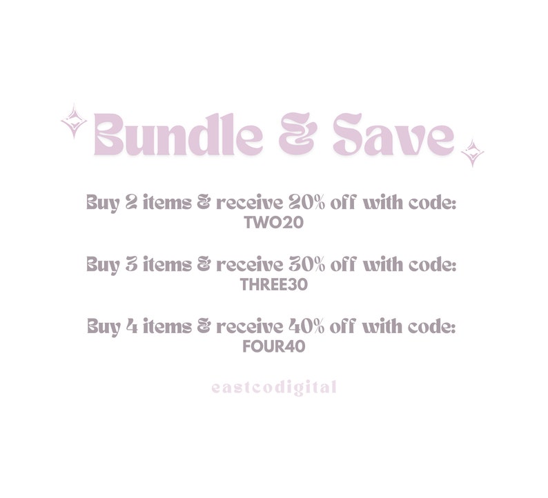 K&ouml;nnte beinhalten: Eine rosa und wei&szlig;e Grafik mit dem Text "Bundle & Save" und Details, wie man mit den Codes TWO20, THREE30 und FOUR40 20 %, 30 % und 40 % sparen kann.