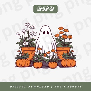 Fantasma retro png, fantasma de jardinería, camiseta de Halloween, diseño de sublimación, uso comercial, planta fantasma png, regalo para amantes de las plantas, fantasma lindo png