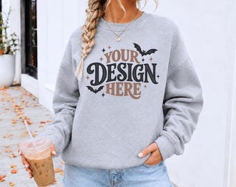 Halloween Sweatshirt Mockup, Gildan 18000 Sport Grey PNG (Digital Download)