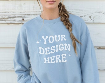 Gildan 18000 Light Blue Crewneck Mockup (PNG)