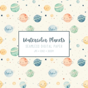 Peut inclure: Papier numérique sans couture avec un motif de planètes aquarelle aux visages souriants et des anneaux. Le fond est beige clair avec des étoiles et des points éparpillés. Le texte "Watercolor Planets" et "Seamless Digital Paper" est inclus dans l'image.