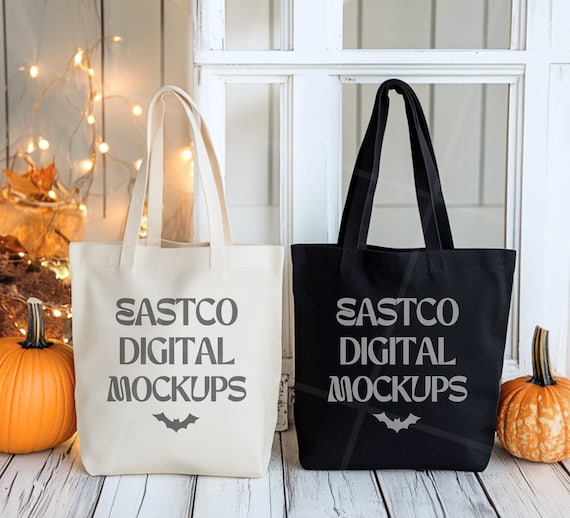 Halloween Tote Bag Mockup | Fall Tote Bag Mockup | Natural Tote Bag | Canvas Tote Bag | Printify Tote Bag Mockup | Black Tote Mockup