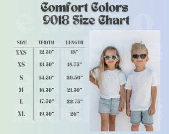 Maquette du tableau des tailles Comfort Colors 9018 pour jeunes (PNG)