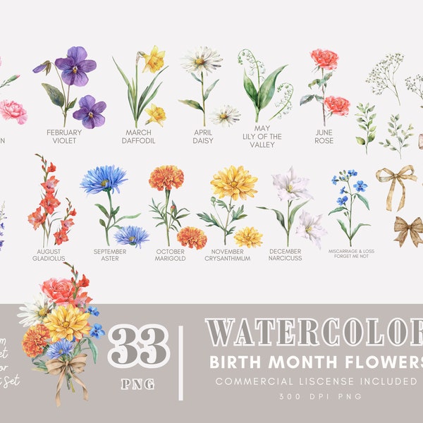 Birth Flowers Clip art set, Watercolor Floral PNG bundle, DIY Birth Month Flower Creator Kit, Birth Month Flower Clip Art Commercial Use