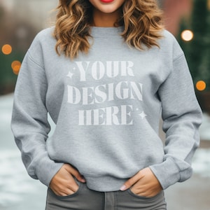 GIldan 18000 Sport Grey Crewneck Sweatshirt Mockup, Gildan Winter Mockup, G180 Sport Grey, Model Mockup Gildan Sport Grey, Christmas Png