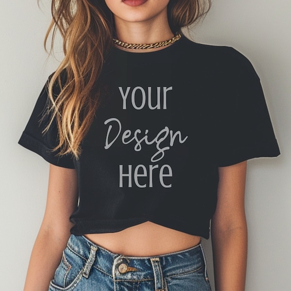 Bella Canvas 8882 Black Cropped Tee Mockup, Crop Top Mockup, Black Bella+Canvas 8882 Mockup, Cropped T-shirt Model Mockup Trendy Shirt Png