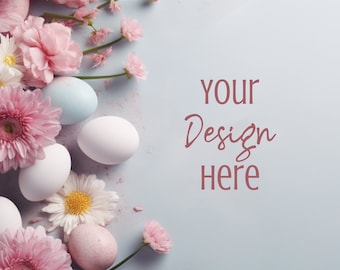 Easter Egg and Flower Flat Lay Mockup, Product Background (PNG Digital Download)