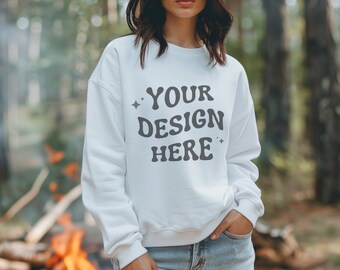 Gildan 18000 Mockup, Camping Sweatshirt Lifestyle Mockup, 18000 Mockup White, Gildan Mockup, Summer Mockup, Sweatshirt Png, White Gildan