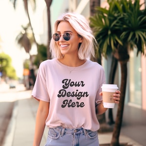 Bella Canvas 3001 Pink Mockup, BC3001 T-shirt Mockup Pink, Model Mockup Trendy Aesthetic, Bella Canvas Mockup, Bella Canvas 3001 T-shirt Png