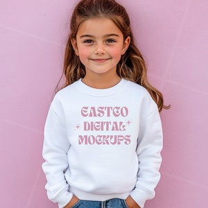 Kids Gildan Crewneck Mockup White Youth 18000B Trendy Model Mockups Print on Demand Mockups, Youth Gildan Mockup White Crewneck Sweatshirt