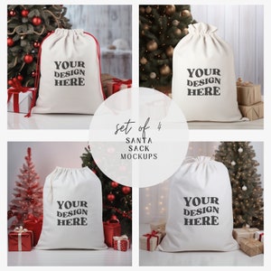 Christmas Santa Sack Mockup Bundle | Santa Bag Mockup | Santa Sack Mockup Natural | Natural Canvas Santa Sack Mockup Red String
