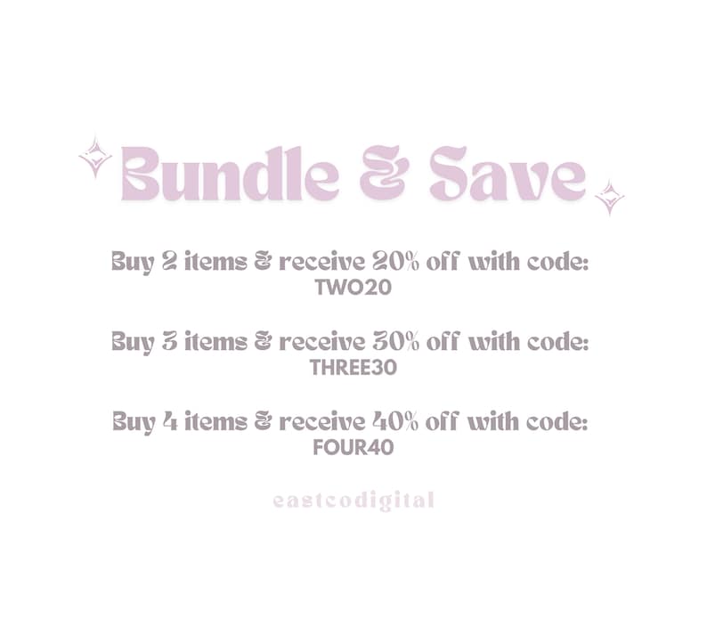 Puede incluir: Un gr&aacute;fico rosa y blanco con el texto "Bundle & Save" e instrucciones para descuentos en compras de 2, 3 o 4 art&iacute;culos. El texto incluye los c&oacute;digos de descuento: TWO20, THREE30 y FOUR40.