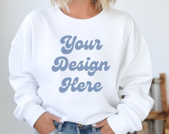 Jerzees 562MR White Sweatshirt Mockup, Jerzees Crewneck Mockup, White Sweatshirt Model Mockup Photo, Print on Demand Mockups, Jerzees White