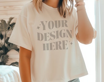 Ivory Comfort Colors Boxy Tee Mockup, Boho Aesthetic (PNG)
