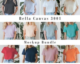 May include: A mockup bundle of Bella Canvas 3001 t-shirts in various colors, including black, gray, white, and pastel shades. The image displays 12 different colors, with the text "12 COLORS + size chart" at the bottom.
