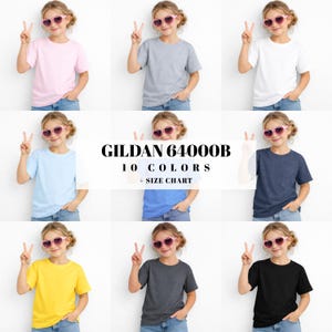May include: A collection of Gildan 64000B t-shirts in various colors, including pink, gray, white, blue, yellow, charcoal, and black. The image shows a size chart and the text "10 Colors".