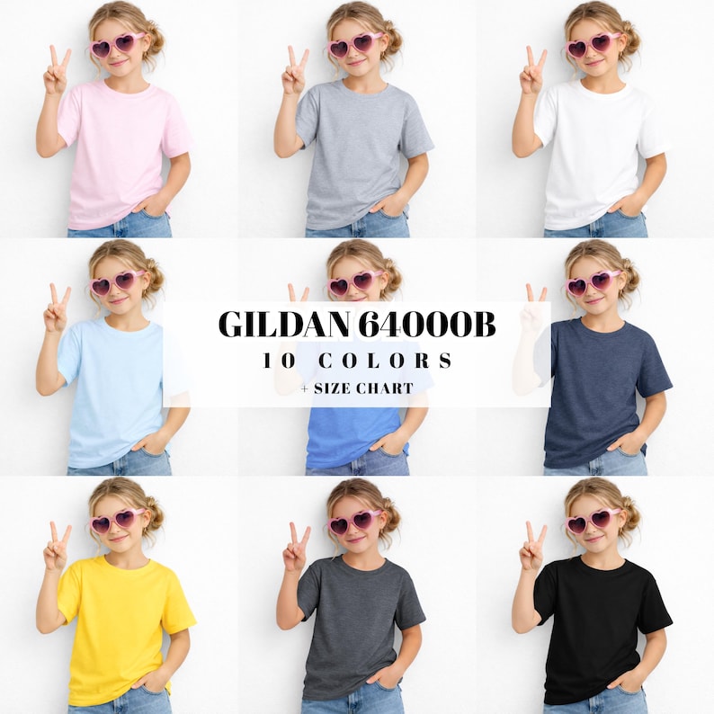May include: A collection of Gildan 64000B t-shirts in various colors, including pink, gray, white, blue, yellow, charcoal, and black. The image shows a size chart and the text "10 Colors".