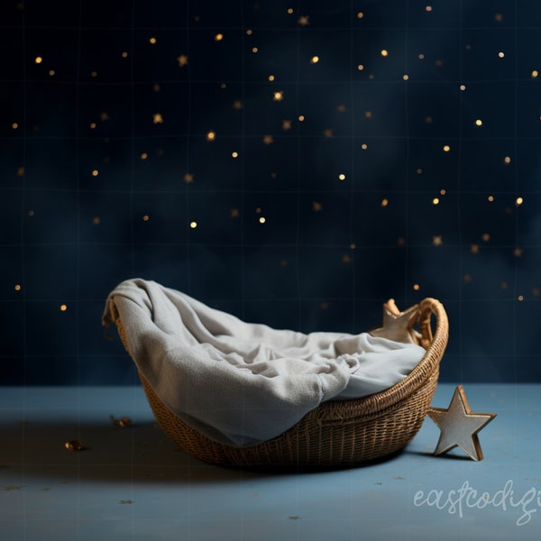 Moon and Stars Newborn Photography Digital Background, Digital Backdrop Newborn Basket Overlay, Photography Background, Digital Backdrop