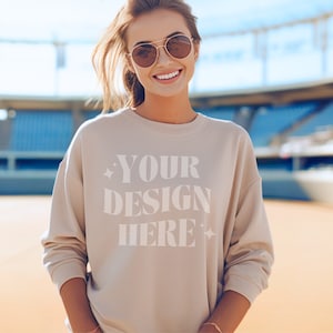 Gildan 18000 Sand, Crewneck Sweatshirt Mockup, Sports Shirt Mockup, Baseball Shirt, Football Shirt, Fall Sweatshirt Mockup, Sand