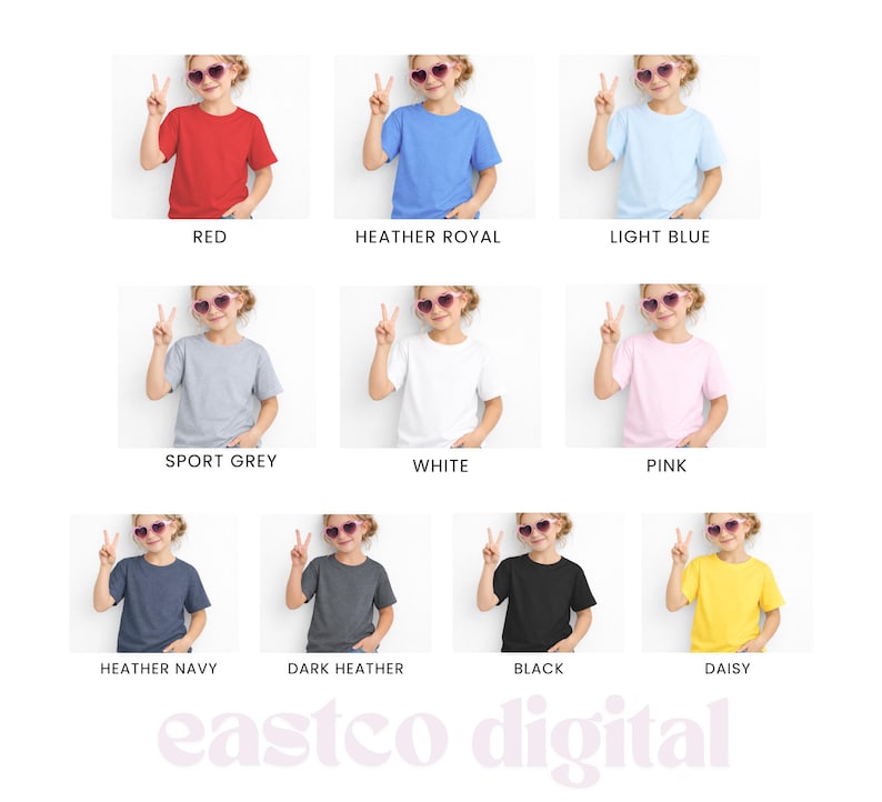 May include: A collection of children's t-shirts in various colors, including red, blue, gray, white, pink, navy, dark gray, black, and yellow. Each shirt is displayed on a child model, with the color name labeled below.