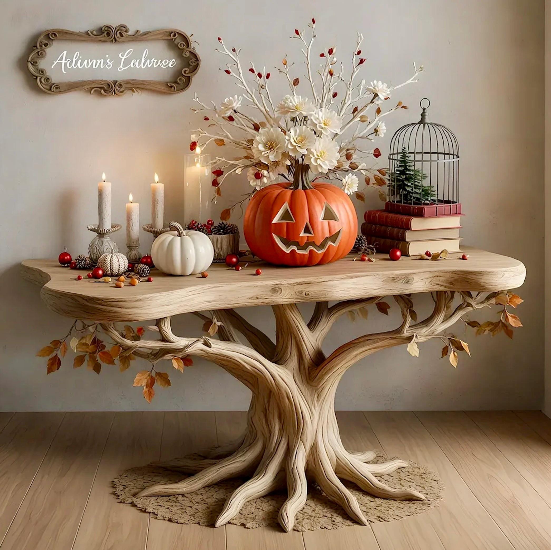 Rustic driftwood console table with live edge, perfect as a floating shelf or farmhouse-style entryway decor