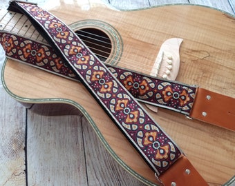 Guitar Strap | Wine, Orange, Cream Design | Handmade with Genuine Leather Ends | Adjustable | Custom |Acoustic Electric Bass GenRev