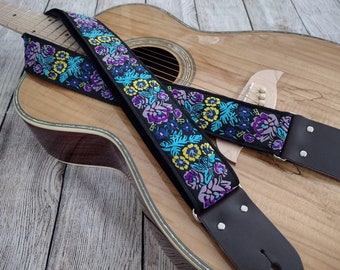 Guitar Strap |Purple Aqua Yellow Roses Floral | Handmade with Genuine Leather Ends | Adjustable | Custom | Acoustic Electric Bass by GenRev