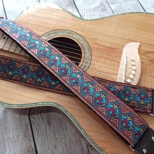 Guitar Strap | Burgundy Turquoise Gold Ornate | Handmade with Genuine Leather Ends | Adjustable | Custom | Acoustic Electric Bass by GenRev