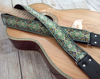 Guitar Strap | Green, Gold & Black Medallion | Handmade with Genuine Leather Ends | Adjustable | Custom | Acoustic Electric Bass by GenRev