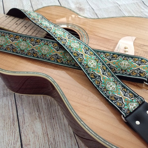 Guitar Strap | Green, Gold & Black Medallion | Handmade with Genuine Leather Ends | Adjustable | Custom | Acoustic Electric Bass by GenRev