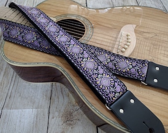 Guitar Strap | Purple, Black, Gold Medallion | Handmade with Genuine Leather Ends | Adjustable | Custom | Acoustic Electric Bass by GenRev