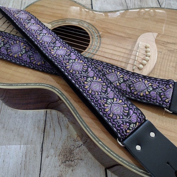 Guitar Strap | Purple, Black, Gold Medallion | Handmade with Genuine Leather Ends | Adjustable | Custom | Acoustic Electric Bass by GenRev