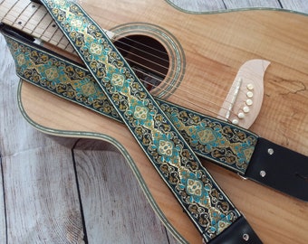 Guitar Strap | Aqua Blue, Gold, Black Medallion | Handmade with Genuine Leather Ends | Adjustable | Custom | Acoustic Electric Bass GenRev