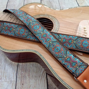 Guitar Strap | Blue Aqua Burgundy Copper Medallion | Handmade with Genuine Leather Ends | Adjustable | Custom |Acoustic Electric Bass GenRev