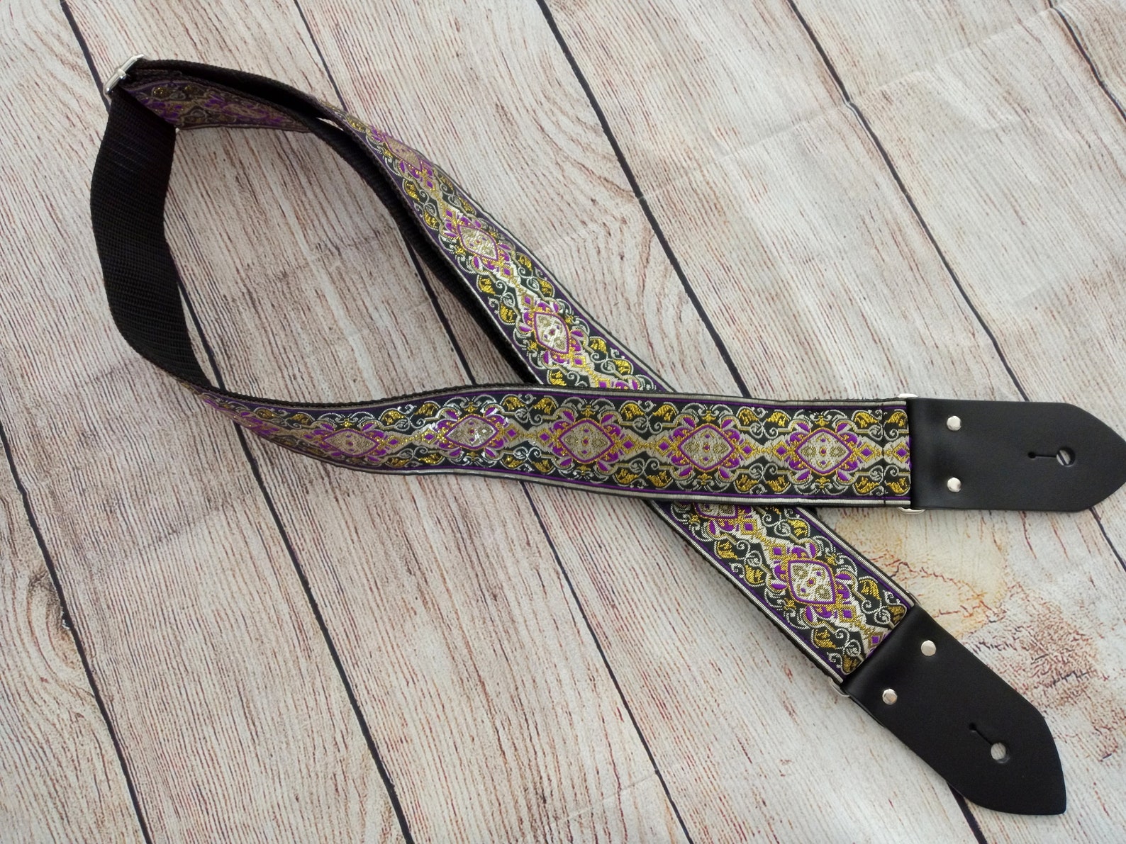 Guitar Strap Purple Black & Gold Medallion Handmade with Etsy