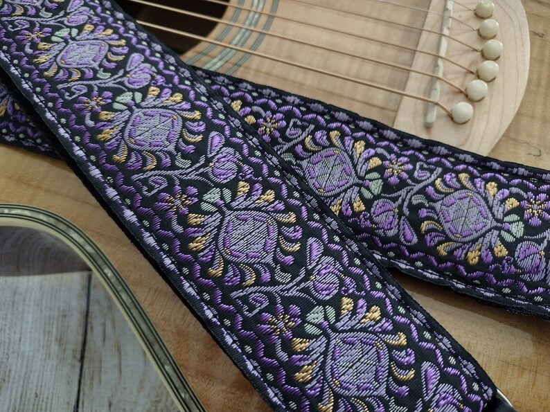 Guitar Strap Purple Black Gold Medallion Handmade With Etsy