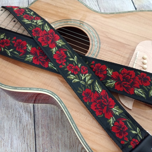 Guitar Strap | Red Roses - Black Green Classy | Handmade with Genuine Leather Ends | Adjustable | Custom | Acoustic Electric Bass by GenRev