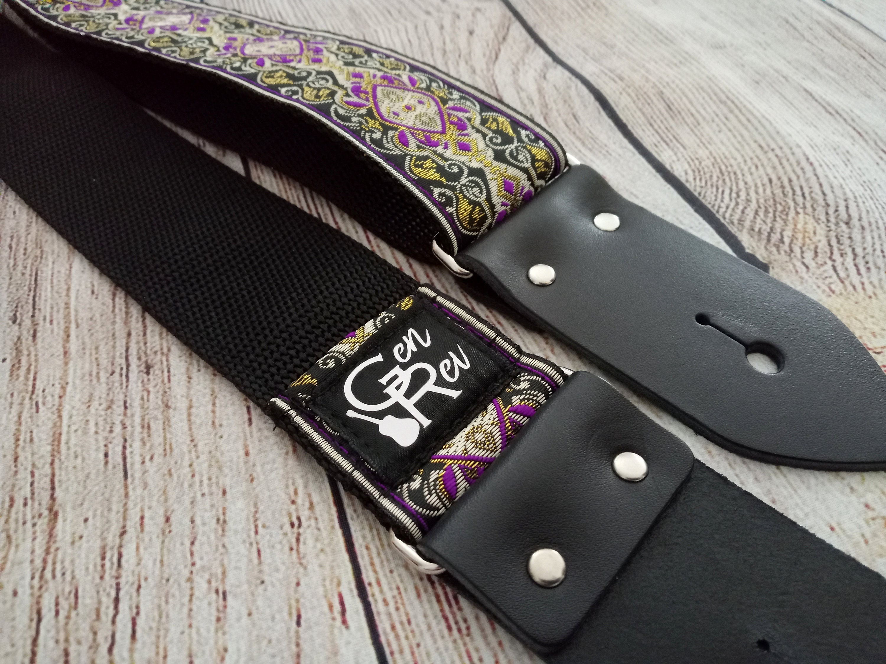 Guitar Strap Purple Black & Gold Medallion Handmade with Etsy