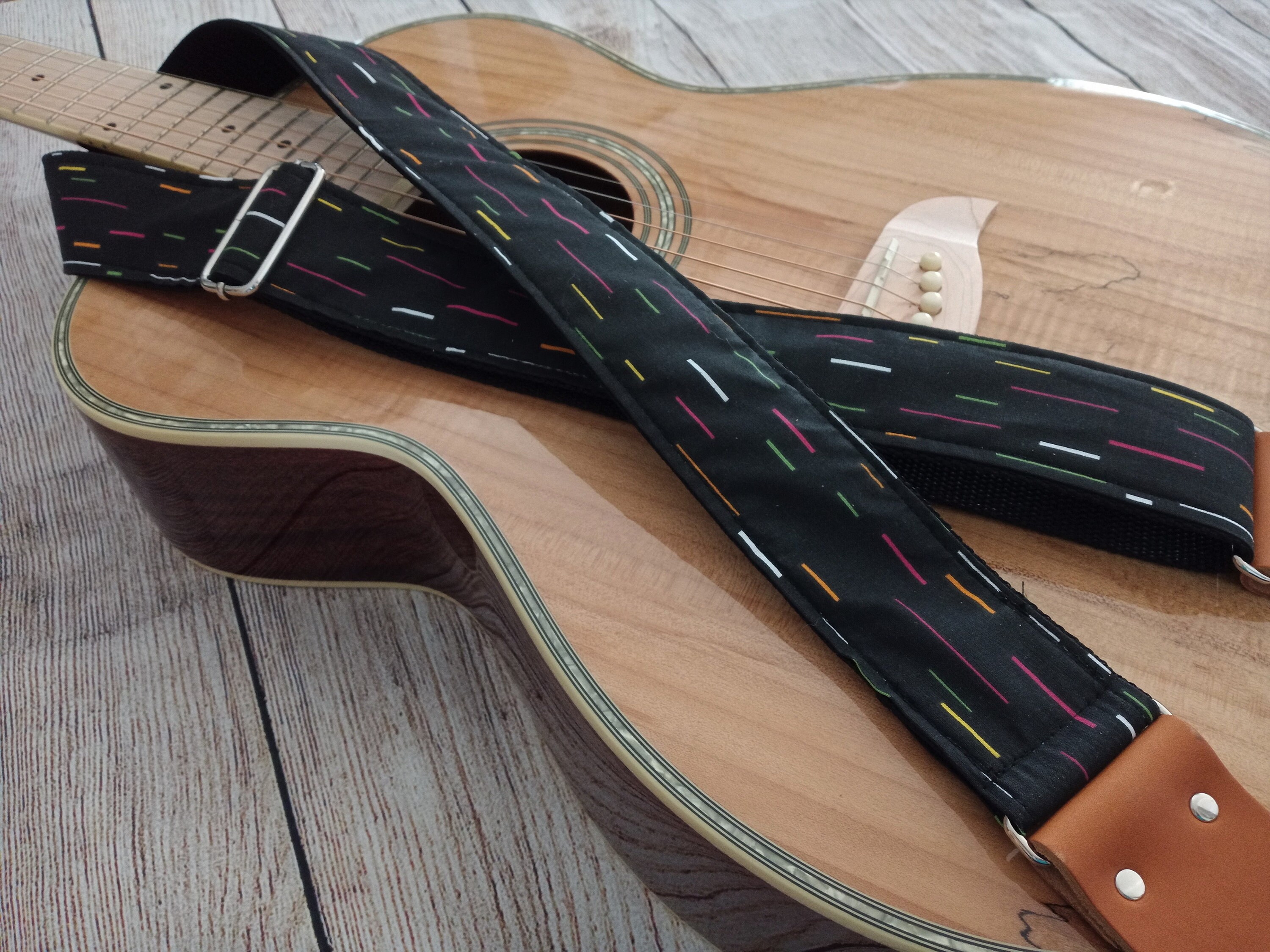Guitar Strap 80s Video Game Black Neon Lines Handmade With Genuine
