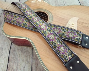 Guitar Strap | Purple, Black & Gold Medallion | Handmade with Genuine Leather Ends | Adjustable | Custom | Acoustic Electric Bass by GenRev