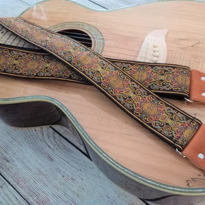 Guitar Strap | Copper, Black, Burgundy Medallion | Handmade with Genuine Leather Ends | Adjustable | Custom | Acoustic Electric Bass GenRev