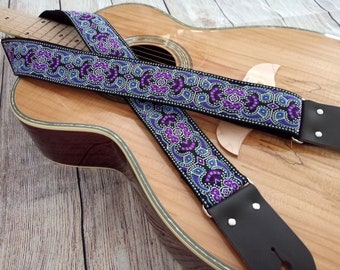 Guitar Strap | Purple Blue Black Dot Medallion | Handmade with Genuine Leather Ends | Adjustable | Custom | Acoustic Electric Bass GenRev