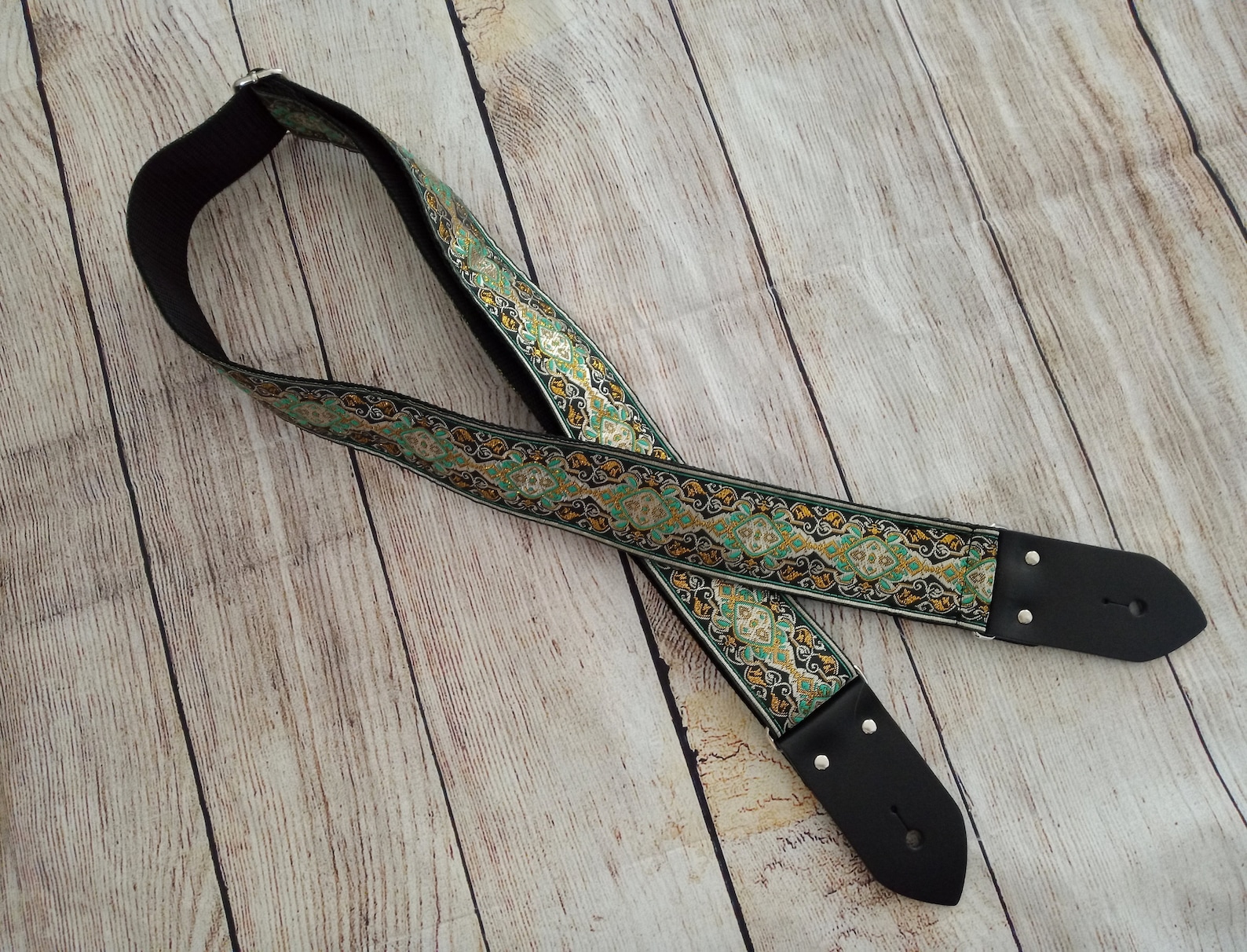 Guitar Strap Green Gold & Black Medallion Handmade with Etsy