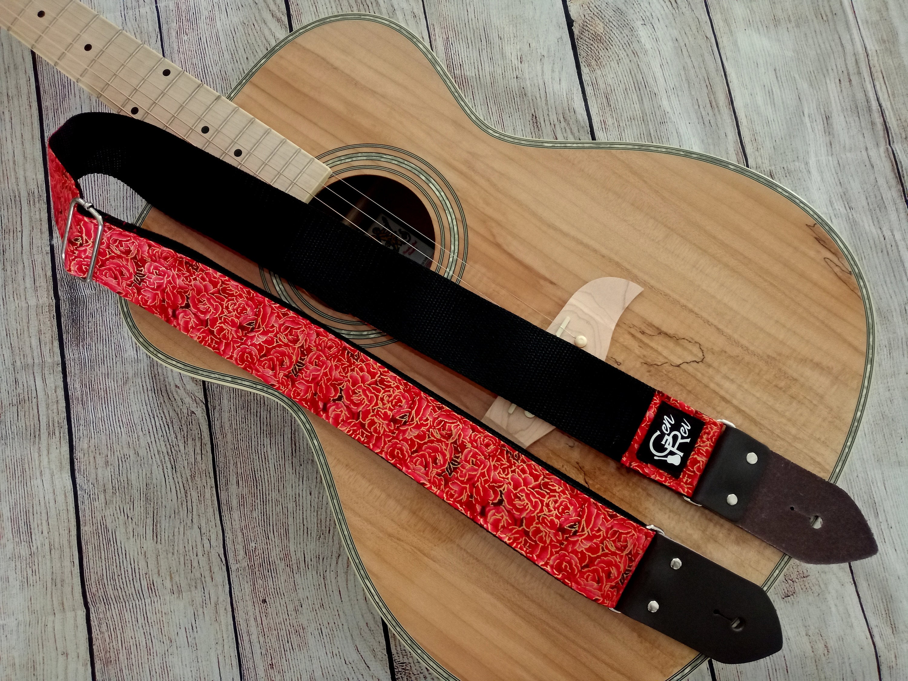 Guitar Strap Red ROSES gold accents Handmade with Genuine Etsy
