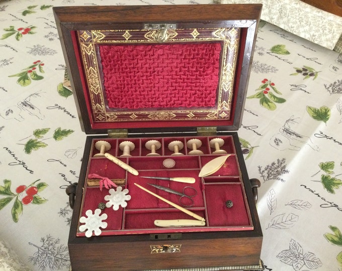 Victorian Rosewood Inlaid Sewing Box With Antique Sewing Notions